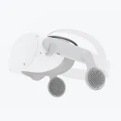 Vista frontal inclinada del accesorio de audio flotantes Logitech Chorus VR conectado al visor Meta Quest 2