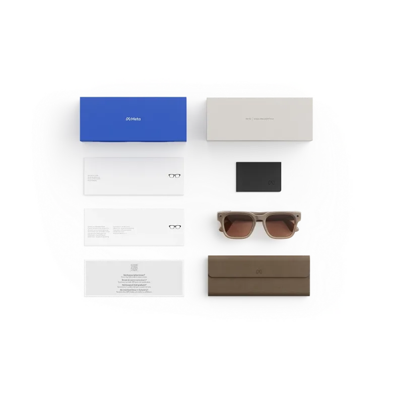 Items included with purchase of Meta AI glasses - Meta charging case, Meta AI glasses, and getting started guide.