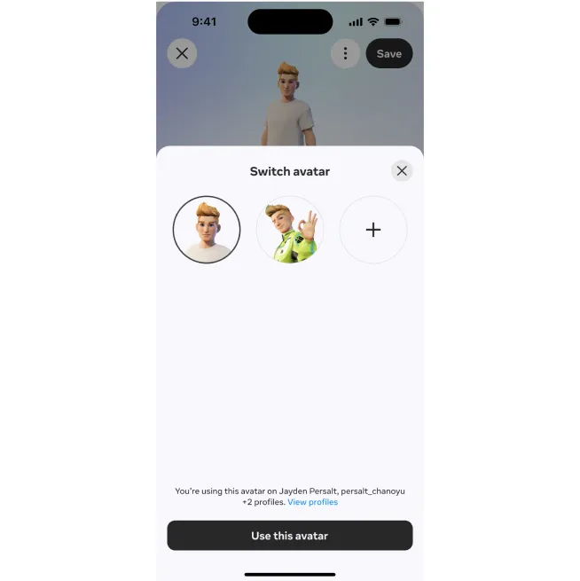 スマートフォンのアバター切り替え画面。プロフィールアイコンと、選択できるオプションが表示されている。