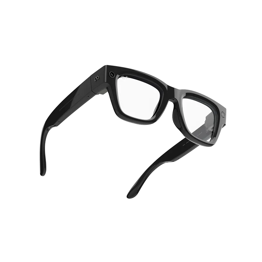 Angled view of Meta Ray-Ban Display glasses with Black frame and Grey Transitions® lens
