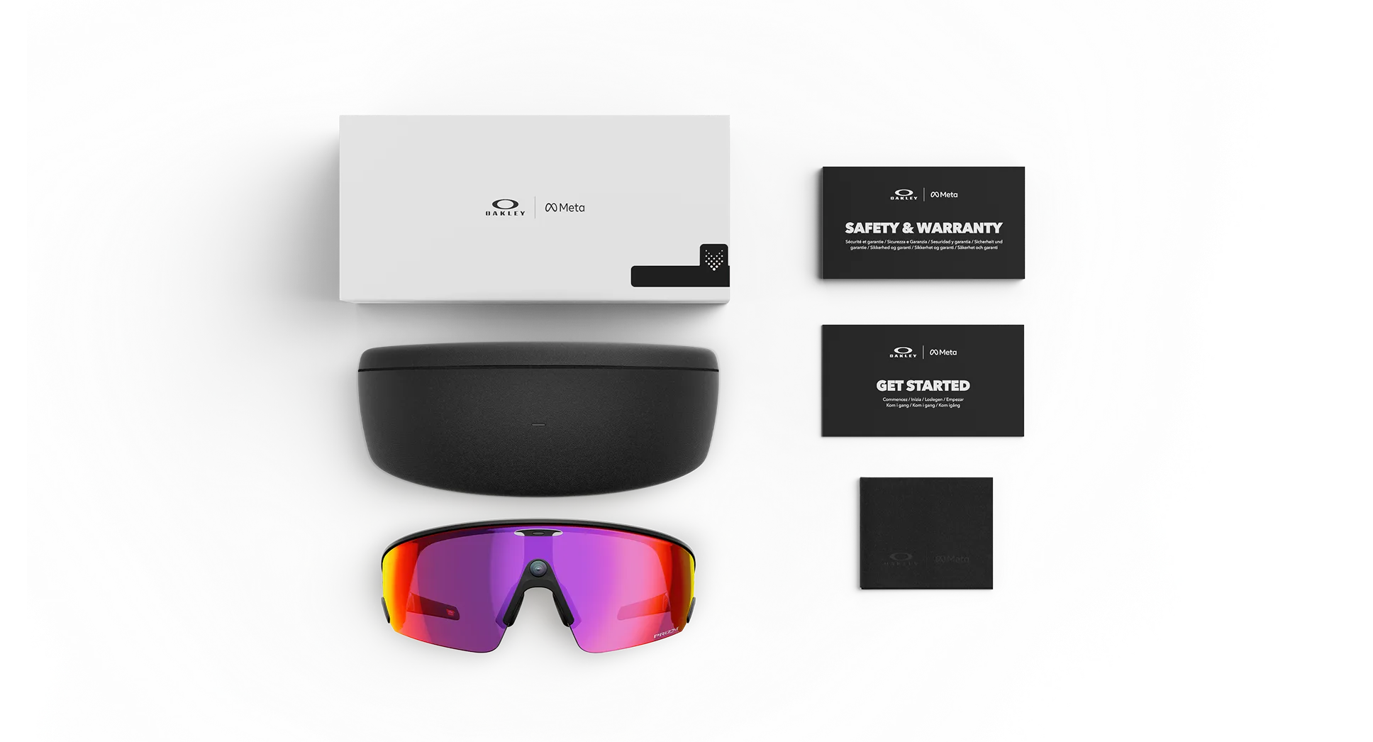 Oakley Vanguard Meta AI glasses with box, case, and welcome and safety and warranty cards