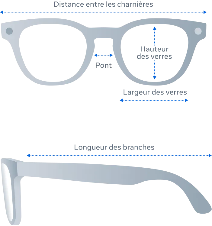 Vue avant et latérale des dimensions des lunettes Ray-Ban Meta Scriber Optics (Gen 2)