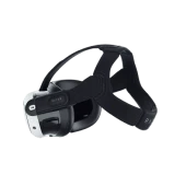 Vista lateral en ángulo del sistema ajustable de correas para la cabeza ajustables Razer conectado al visor Meta Quest 3 que muestra el soporte acolchado