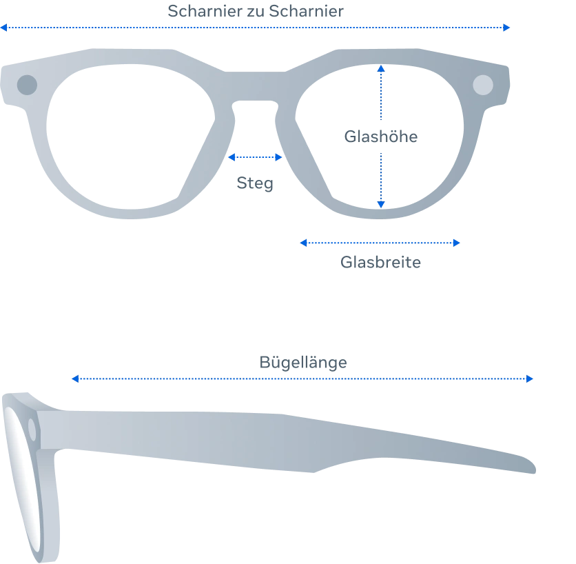Vorder- und Seitenansicht der Produktabmessungen der Oakley HSTN-Brille