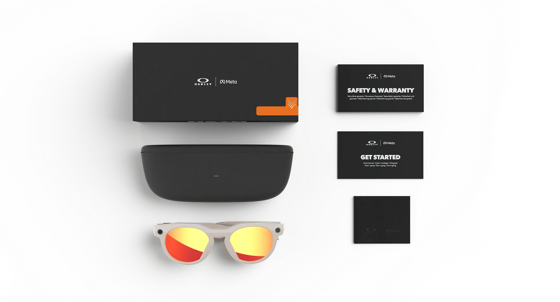 Oakley HSTN Meta AI glasses with box, case, and welcome and safety & warranty cards