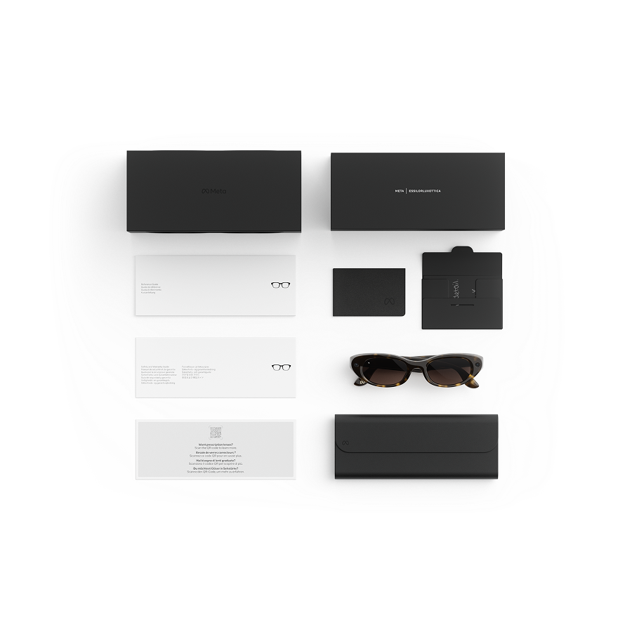 Items included with purchase of Meta AI glasses - Meta charging case, Meta AI glasses, and getting started guide.