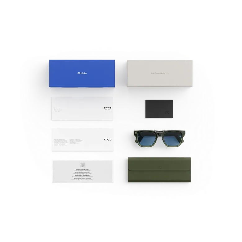 Items included with purchase of Meta AI glasses - Meta charging case, Meta AI glasses, and getting started guide.
