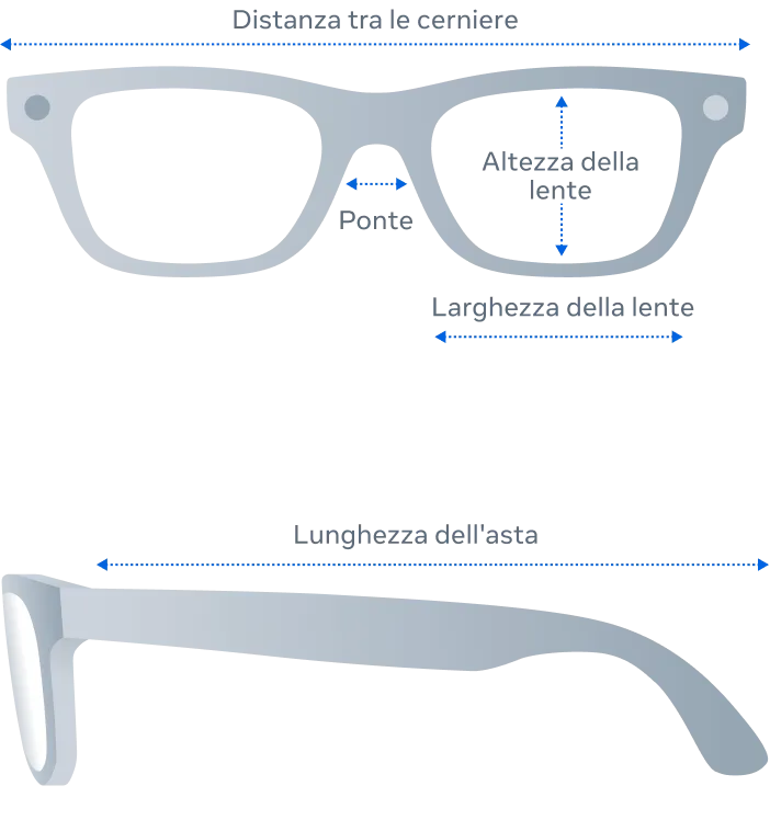 Vista frontale e laterale delle dimensioni del prodotto per gli occhiali Ray-Ban Meta Blayzer Optics (Gen 2)