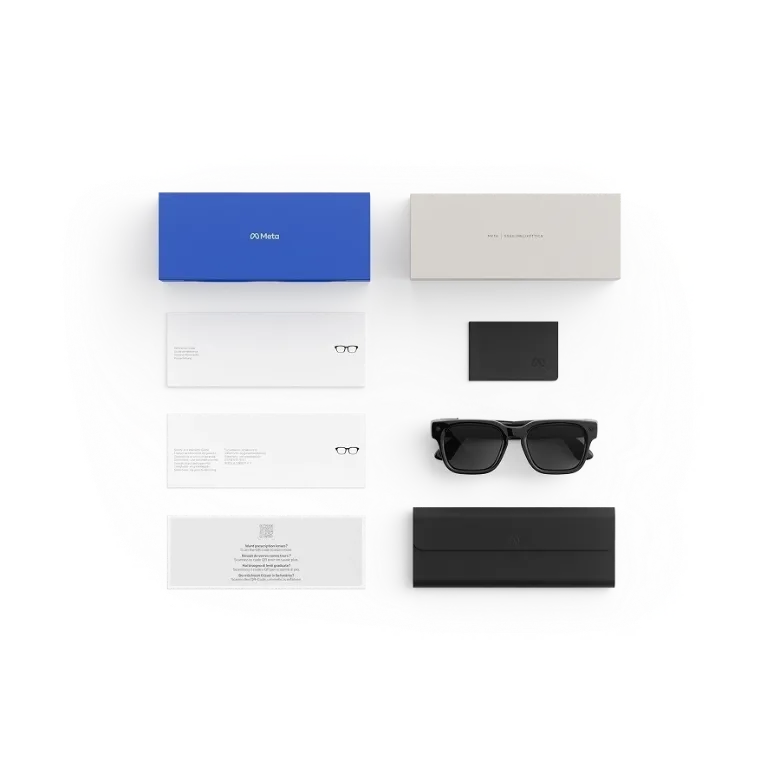 Items included with purchase of Meta AI glasses - Meta charging case, Meta AI glasses, and getting started guide.