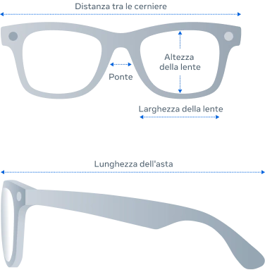Vista frontale della montatura Wayfarer con guida alle dimensioni; vista laterale della montatura Wayfarer con guida alle dimensioni