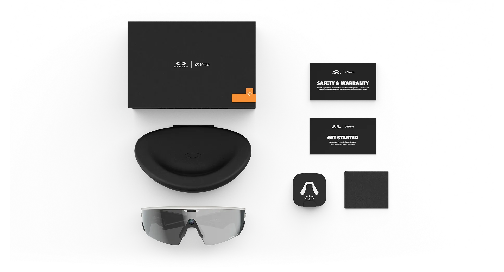 Oakley Vanguard Meta AI glasses with box, case, and welcome and safety and warranty cards