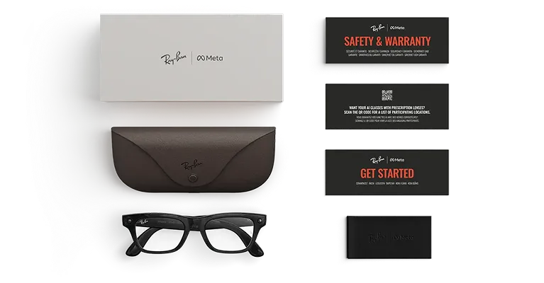 AI glasses Ray-Ban Meta Blayzer Optics (Gen 2) con confezione, custodia e schede relative a informazioni iniziali, sicurezza e garanzia
