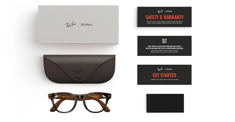 Ray-Ban Meta Scriber Optics (Gen 2) AI glasses with box, case, and welcome and safety & warranty cards