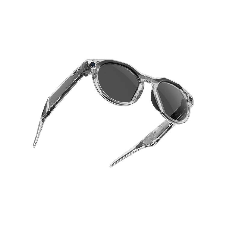 Schrägansicht der Oakley Meta HSTN-Brille mit Gestell in Clear und Gläsern in Clear to Grey Transitions®.