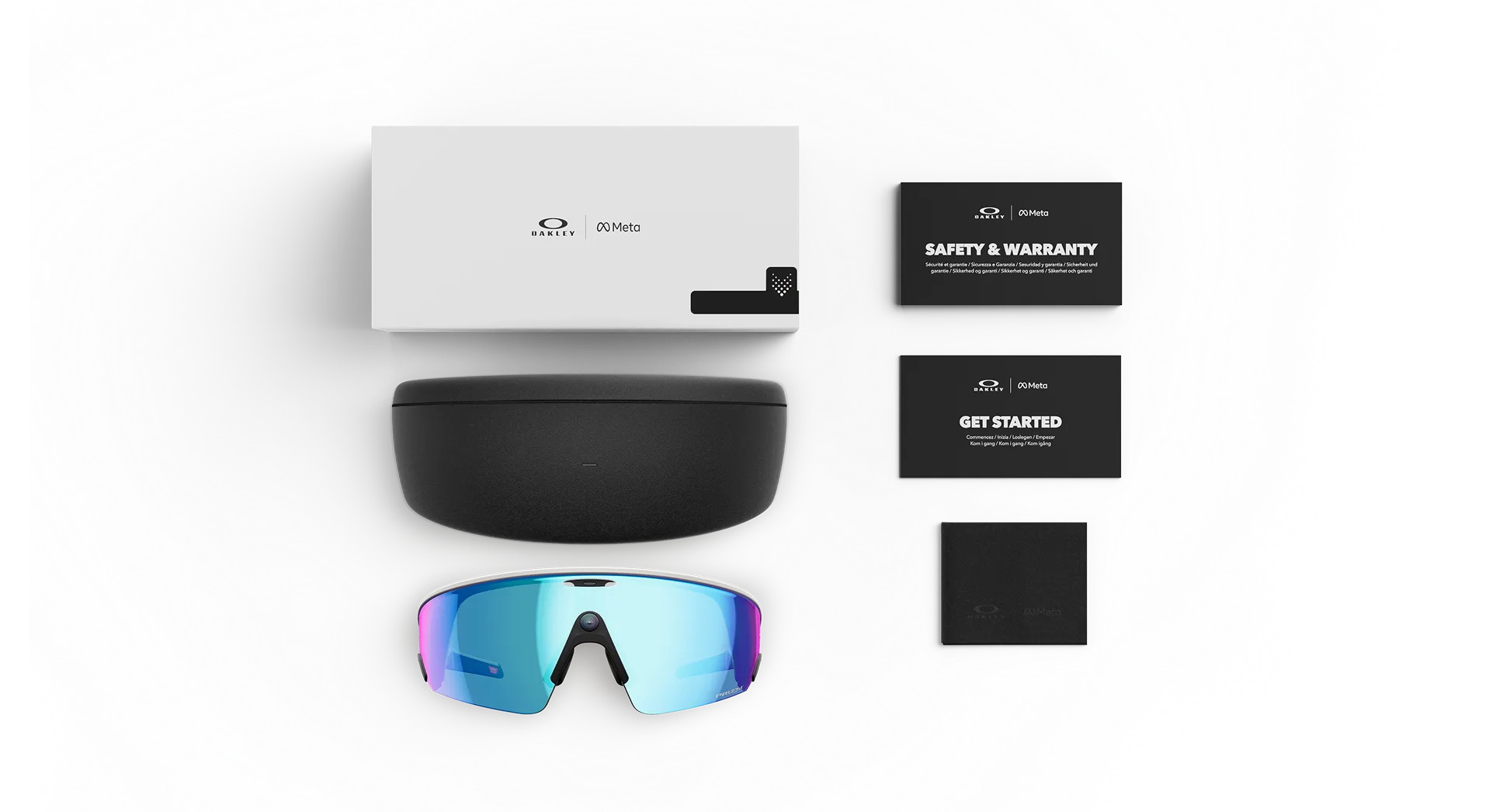 Oakley Vanguard Meta AI glasses with box, case, and welcome and safety and warranty cards
