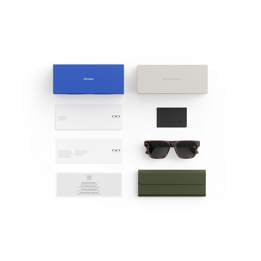 Items included with purchase of Meta AI glasses - Meta charging case, Meta AI glasses, and getting started guide.
