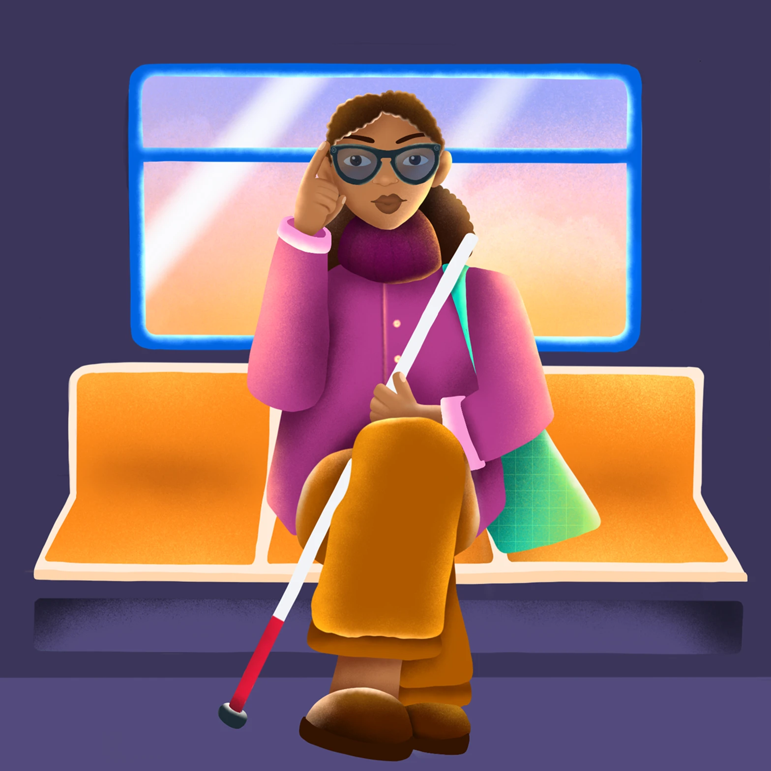 Illustration of a woman with vision-impairment seated on a subway bench, tapping the side of her Ray-Ban Meta glasses while wearing a pink coat and holding a white cane.