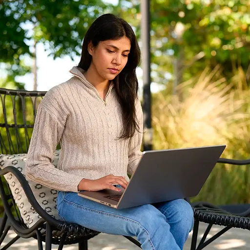 A woman sits on an outdoor metal chair using a laptop on her lap, wearing a beige sweater.
