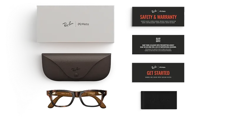 Ray-Ban Meta Blayzer Optics (Gen 2) AI glasses with box, case, and welcome and safety & warranty cards