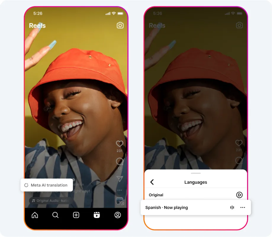 Two Instagram Reel screenshots show a “Meta AI translation” button and “Spanish – Now playing” selected.