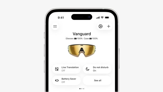 View of the Meta AI app screen on a smartphone showing the connection to the Oakley Meta Vanguard glasses.