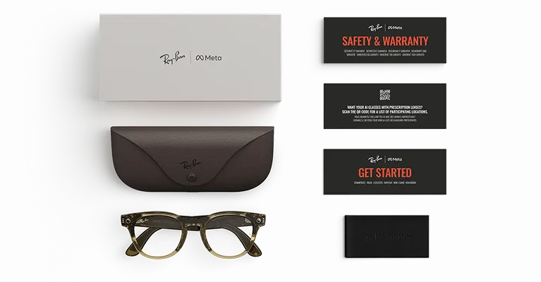 Lunettes IA Ray-Ban Meta Scriber Optics (Gen 2) avec boîte, étui et cartes de bienvenue, de sécurité et de garantie