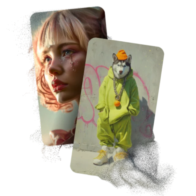 AI-styled portraits of a woman and a husky in a neon green outfit