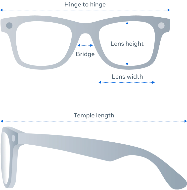 Front and side view of Ray-Ban Meta Gen 2 Wayfarer glasses product dimensions