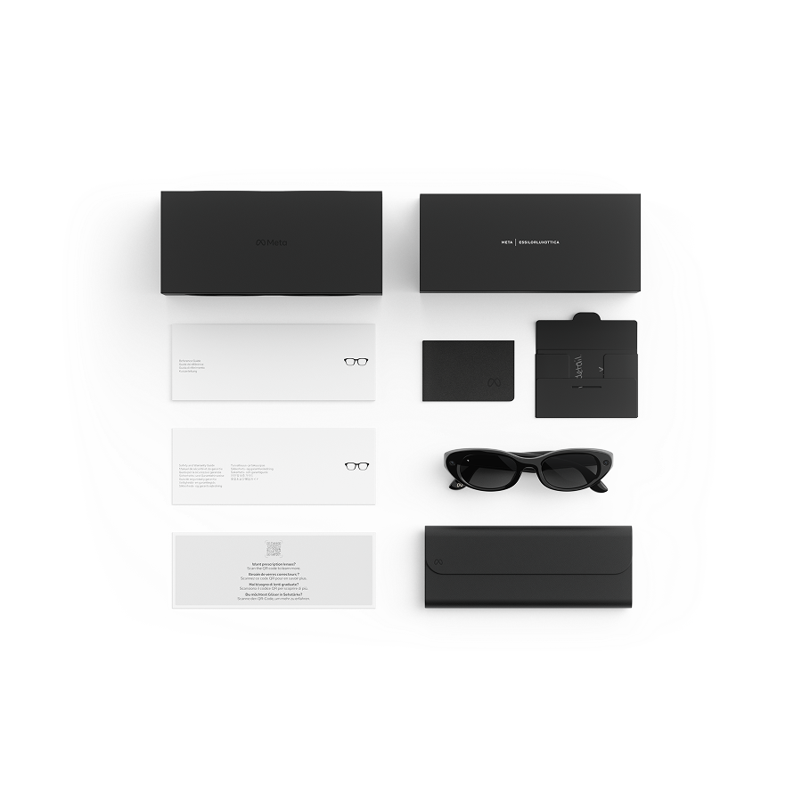 Items included with purchase of Meta AI glasses – Meta charging case, Meta AI glasses and getting started guide.