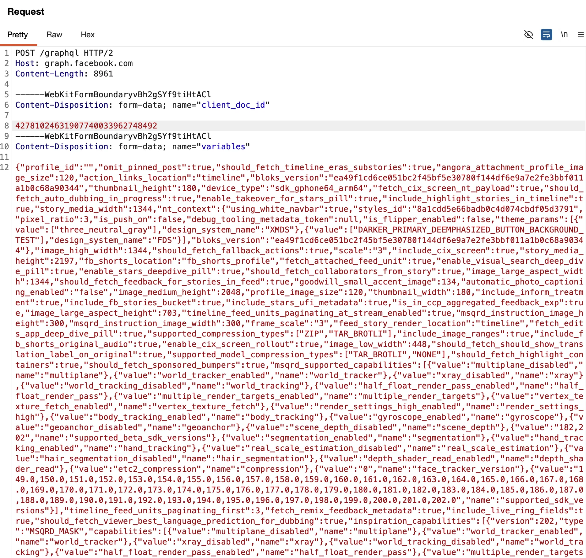 doc_id y variables de una solicitud de GraphQL