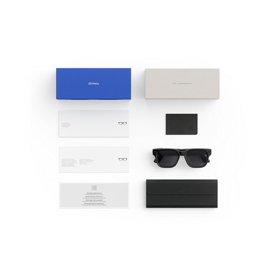 Items included with purchase of Meta AI glasses - Meta charging case, Meta AI glasses, and getting started guide.