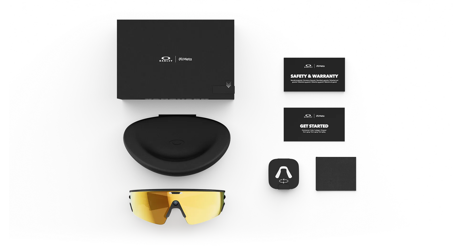 Oakley Vanguard Meta AI glasses with box, case, and welcome and safety and warranty cards