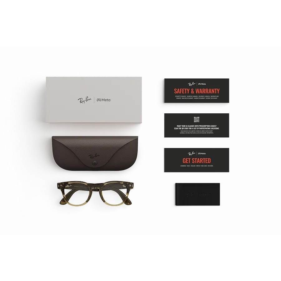 Lieferumfang der Ray-Ban Meta-Brille: Ray-Ban Meta Lade-Etui, Ray-Ban Meta AI Glasses, Einrichtungsanleitung.