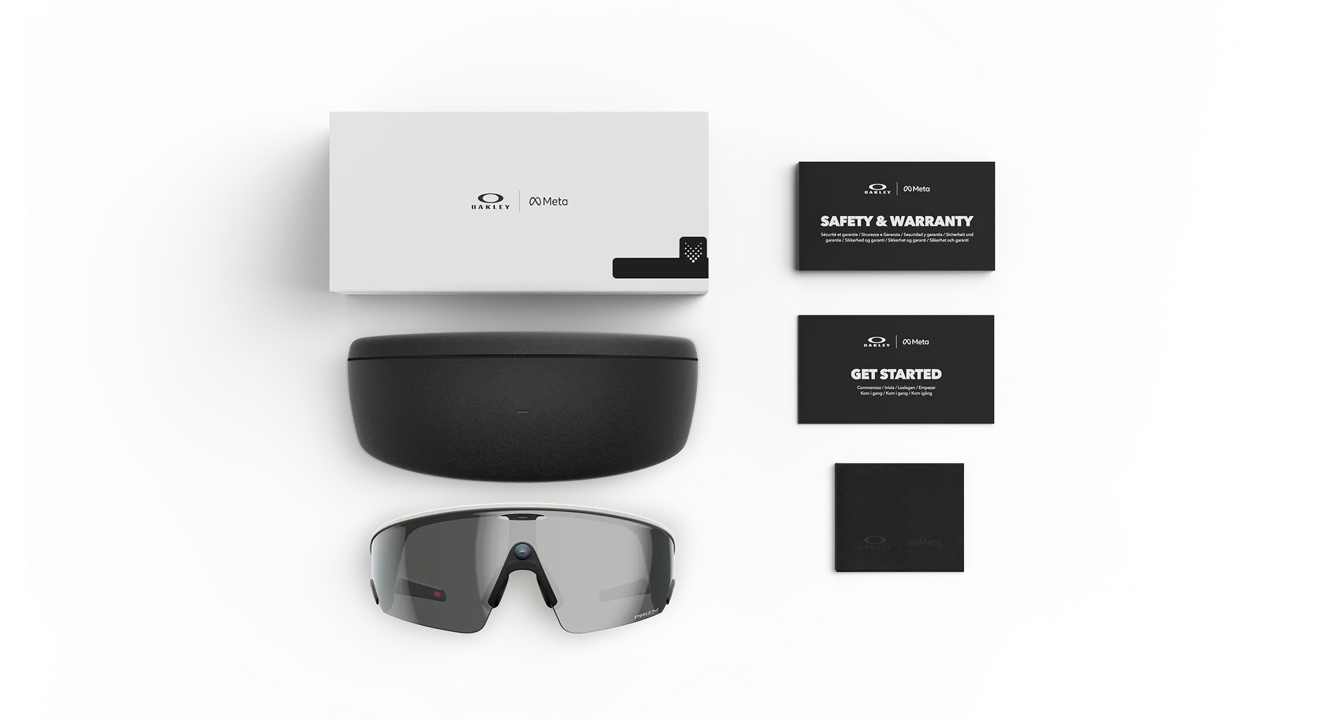 Oakley Vanguard Meta AI glasses with box, case, and welcome and safety and warranty cards