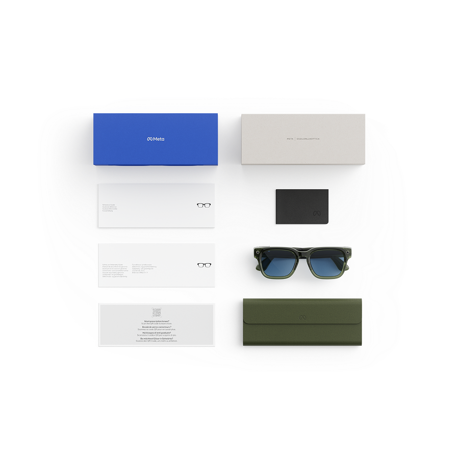 Items included with purchase of Meta AI glasses - Meta charging case, Meta AI glasses, and getting started guide.