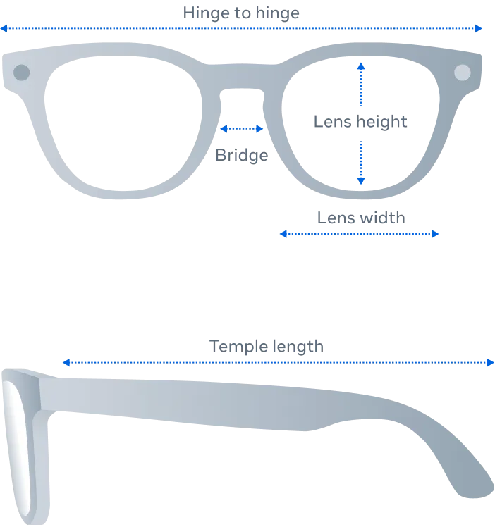 Front and side view of Ray-Ban Meta Scriber Optics (Gen 2) glasses product dimensions