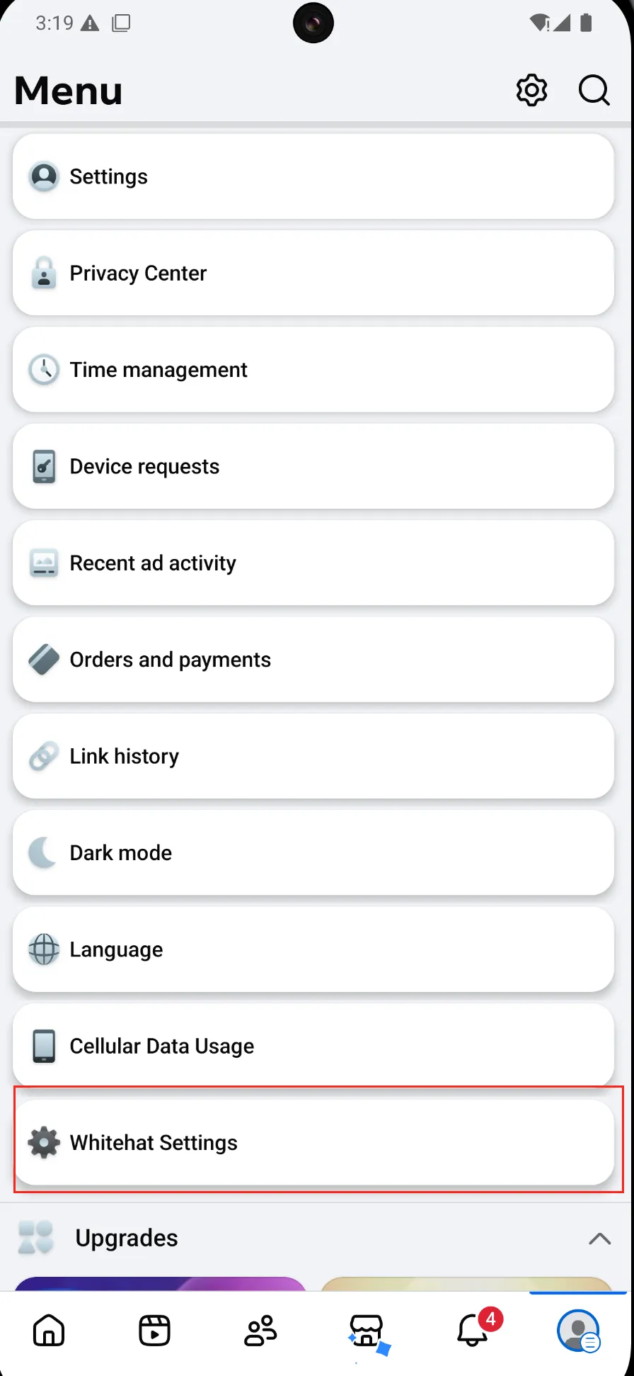 Pantalla de configuración de Whitehat en la app de Meta
