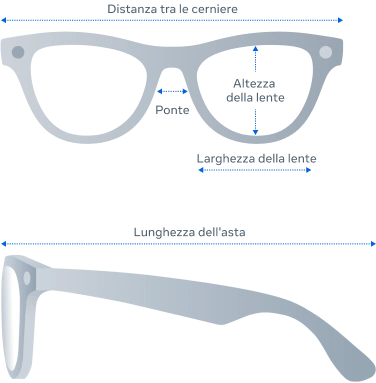 Vista frontale e laterale delle dimensioni del prodotto per gli occhiali Ray-Ban Meta Skyler Gen 2