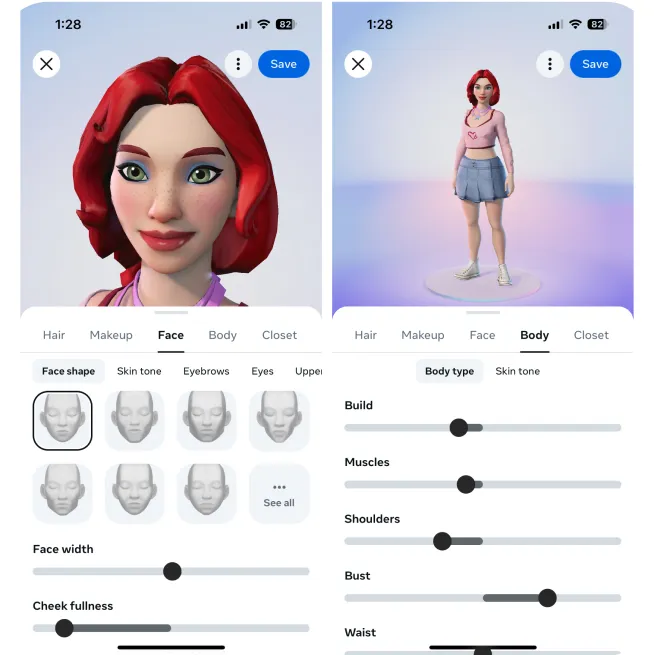 アバターの顔や体型をカスタマイズするツールが表示されているモバイルインターフェイス。
