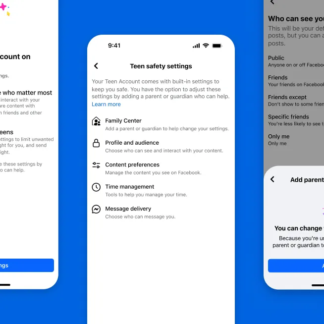 Configurazione dell'account per teenager di Facebook, con le impostazioni di sicurezza e i controlli dei genitori relativi a contenuti, tempo e messaggi.
