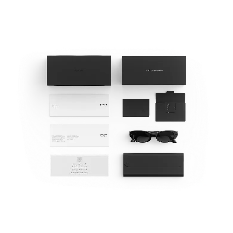 Items included with purchase of Meta AI glasses – Meta charging case, Meta AI glasses and getting started guide.
