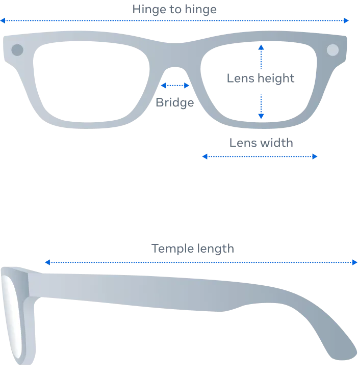 Front and side view of Ray-Ban Meta Blayzer Optics (Gen 2) glasses product dimensions