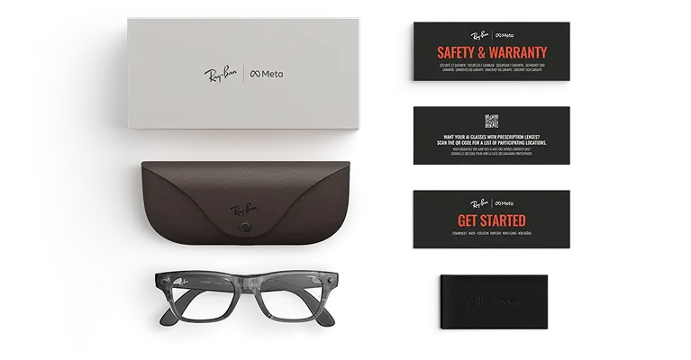 Ray-Ban Meta Blayzer Optics (Gen 2) AI Glasses med eske, etui og velkomst-, sikkerhets- og garantiinformasjon