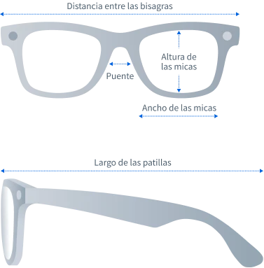 Vista frontal del armazón Wayfarer con guía de dimensiones, Vista lateral del armazón Wayfarer con guía de dimensiones.