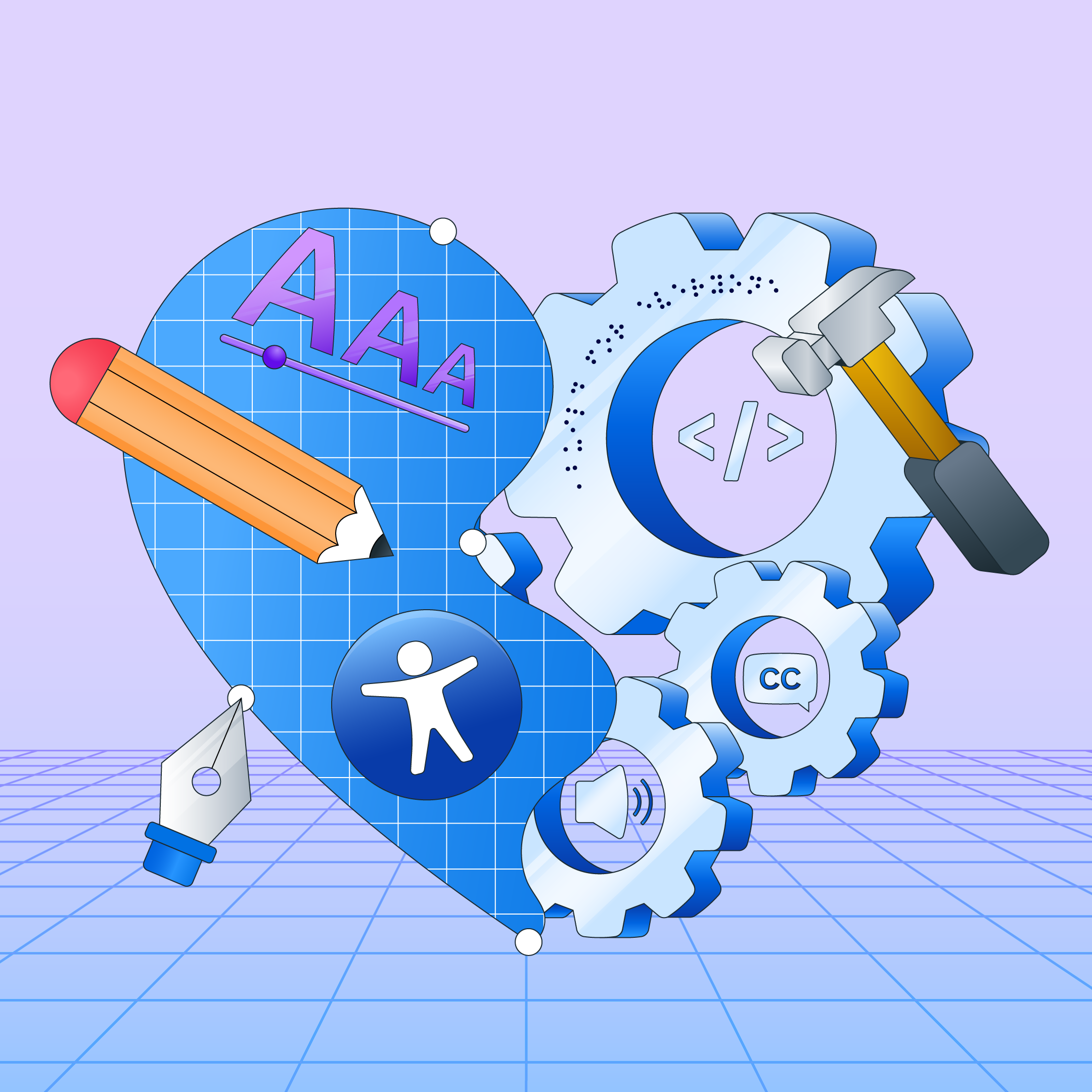 A heart-shaped illustrated image featuring gears, tools, and design elements, representing the connection between engineering and design.
