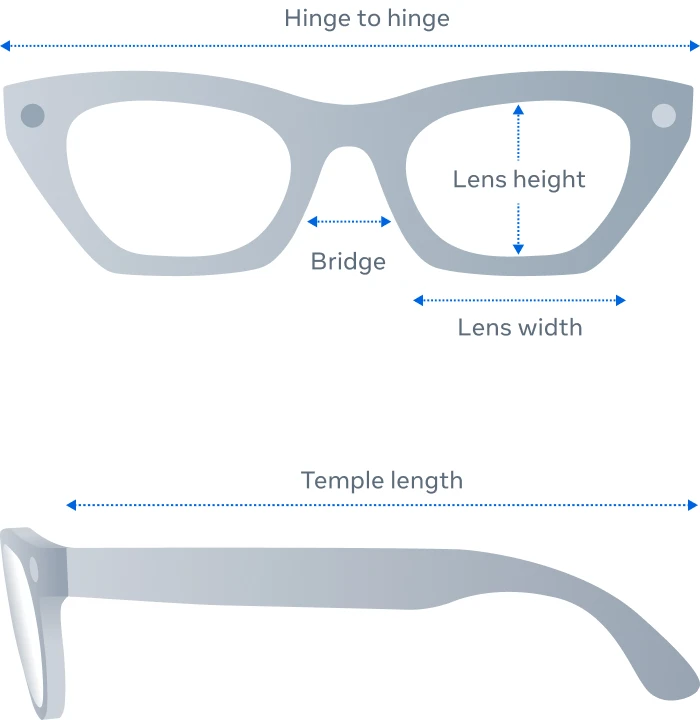 Front and side view Ray-Ban Meta Zena glasses product dimensions