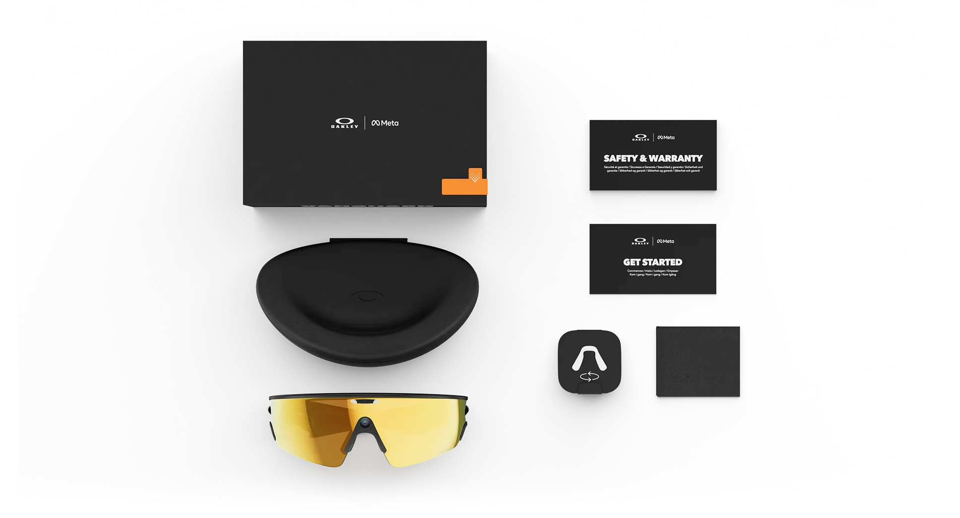 Oakley Vanguard Meta AI glasses with box, case, and welcome and safety and warranty cards
