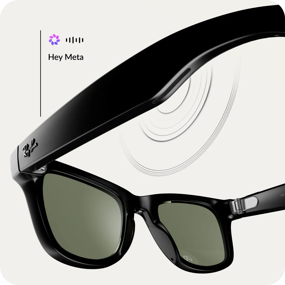 Black Ray-Ban sunglasses with green lenses and a logo on the left temple