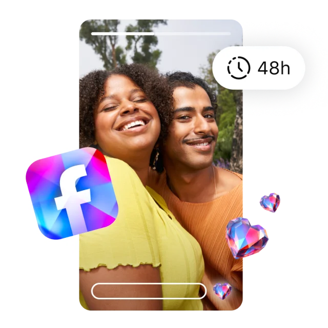 Two friends in a Facebook Story with a 48-hour timer and crystal reactions