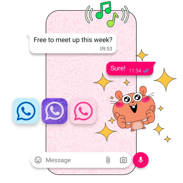 WhatsApp chat with custom app icons, music notes and an animated sticker